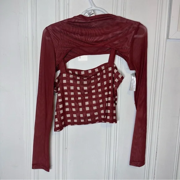 Free People Two Piece Burgundy Checkered Mesh Crop Top Medium NWT - Picture 2 of 4